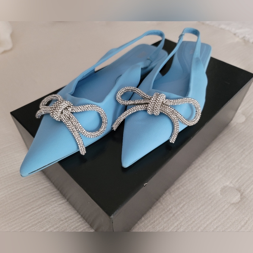 Zara Blue Slingback Flats with Silver Bow